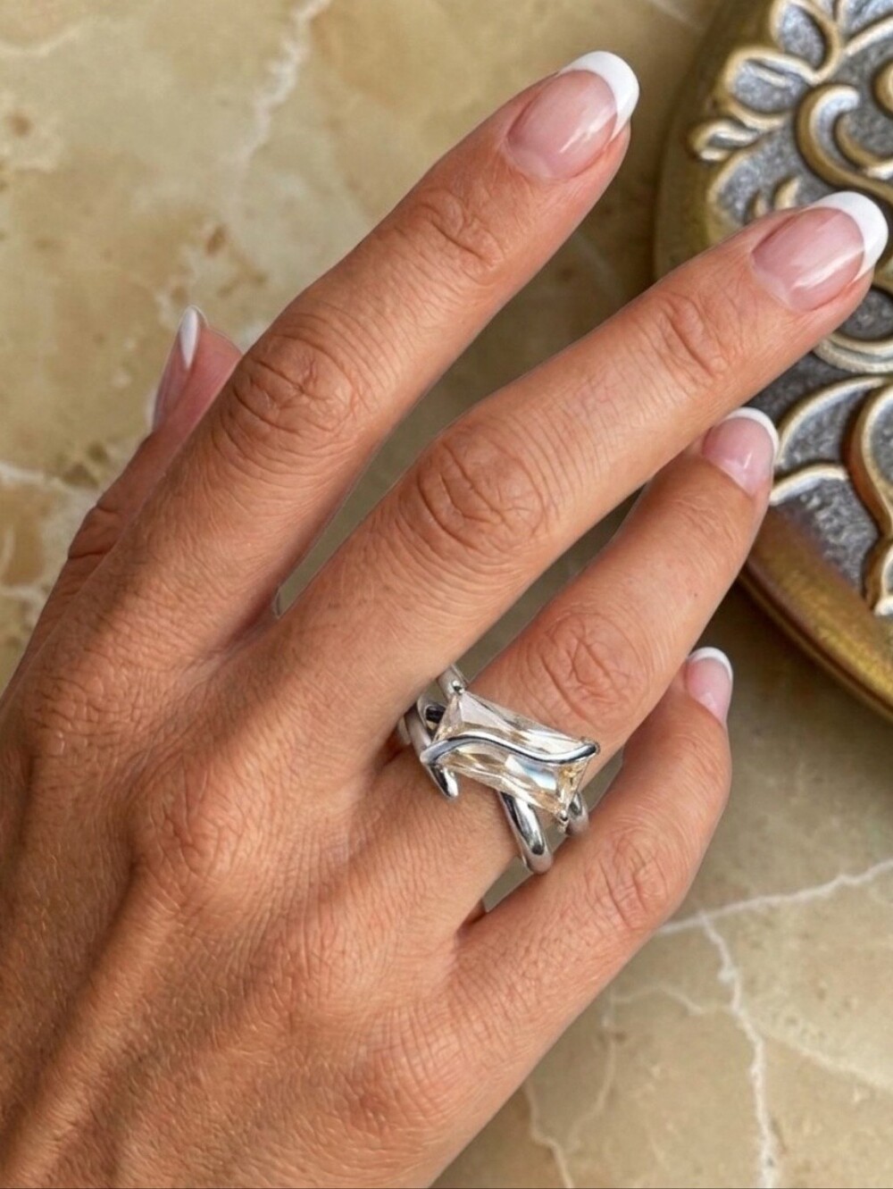 18K White Gold Plated Emerald Cut CZ Statement Ring Bezel Modern Adj Sz 7-8 - Picture 8 of 11